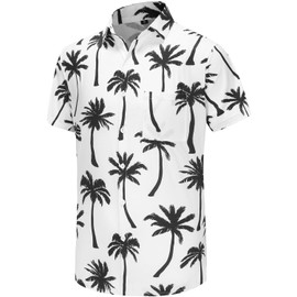 KYKU Hawaiian Shirt Man Graphic Button Up Shirt Coconut Tree, White, Large