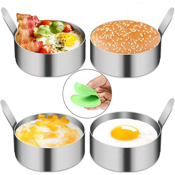 FADANY Egg Rings Stainless Steel Non-Stick Crumpet Rings for Fried Meat Pie,Poached Eggs,Mini Pumpkin Pie, Pancake Mold Come with Heatproof Fingerstall(4 Packs)
