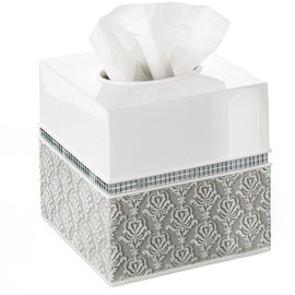 Creative Scents Mirror Damask Square Tissue Box Cover - Decorative Bathroom Tissues Paper Holder, Modern Napkins Container, Bottom Slider, for Cute Elegant Bathroom Decor (White & Gray)