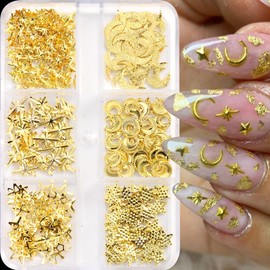 A Box of Star Moon Nail Rhinestones 3D Gold Nail Charms Multiple Shapes Star Moon Nail Art Charms and Gems Summer Crystals for Crafts for Women DIY Manicure Decoration
