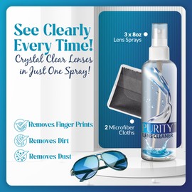 Purity Eyeglass Lens Cleaner Spray Kit - 3 x 8oz Lens Cleaner Spray Bottle + 2 Microfiber Cloth for Cleaning - Safe for All Lenses (AR Coated Included), Eyeglasses and Screens