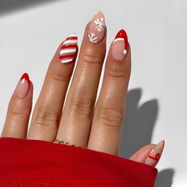 24Pcs Christmas Press on Nails Almond Shape Fake Nails Red Christmas Hat False Nails French Tip Designs Acrylic Glue on Nail Glossy Full Cover Snowflake Bow Stick on Nails for Women