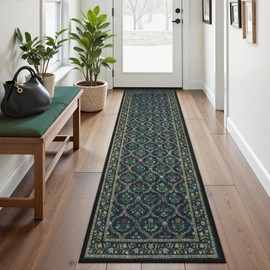 Uphome Moroccan Trellis Washable Hallway Runners, 2x8 Long Kitchen Runner Rug for Entryway Non Slip, Soft Traditional Floral Carpet Rugs Low Pile for Bedroom Living Room, Navy