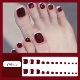 RUPOFUZA Press on Toenails Fake Toe Nails,Short Nail Press ons Glossy Claret Designs Artificial Toenail White French Tip Toe Nails for Women 24Pcs