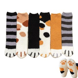 SIPEIEN 5/6 Pairs Thick Cuddly Socks Women's Cute Cat with Heart Cotton Winter Fluffy Christmas Socks Cartoon Pattern for Women, Braun Series-6pcs