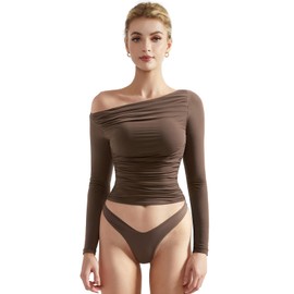 SUUKSESS Women Off Shoulder Long Sleeve Shirts Double Lined Fitted Crop Tops Y2K Tight T Shirts (Brown,S)