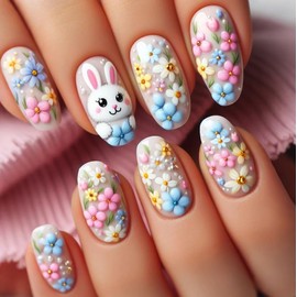 24Pcs Easter Press on Nails Cute Bunny Fake Nails Spring Summer Flower Design False Nails Medium Oval Acrylic Nails Colorful Floral Stick on Nails for Women Girls Easter Spring Nail Art Decoration