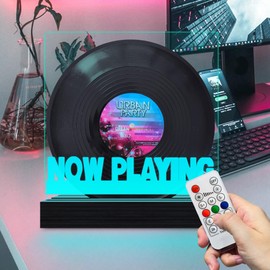 Fanrui Now Playing Light Up Vinyl Record Holder | 7 Colors Change LED Tabletop Record Storage | Glowing Solid Wood Music Album Display with Remote & Dimmer | Vinyl LP Recors Storage Shelf Gifts