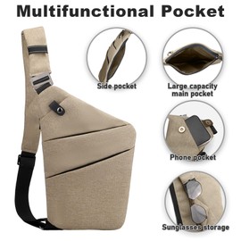 Anti Theft Travel Bag, One Shoulder Large Capacity Cross-body Bag Chest Fashion Lightweight Sling Bags for Travel Sports (Left Shoulder, Khaki)