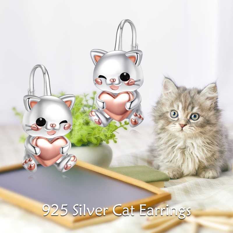 Cat Hoop Earrings 925 Sterling Silver Cat Earrings for Women