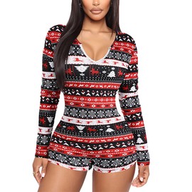 Piacakece Women Christmas Pajamas One Piece Bodycon Romper Shorts V-neck Long Sleeve Jumpsuit Pjs Playsuit (US, Alpha, Small, Regular, Regular, Red)