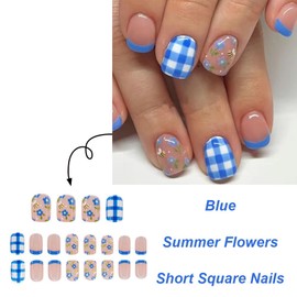 French Press on Nails Short Square Fake Nails Spring Flower Stick on Nails Chessboard Pattern Glue on Nails with Bee Design Blue Acrylic False Nails Full Cover Artificial Nails for Women Girl 24Pcs