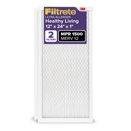 Filtrete 12x24x1 AC Furnace Air Filter, MERV 12, MPR 1500, CERTIFIED asthma & allergy friendly, 3 Month Pleated 1-Inch Electrostatic Air Cleaning Filter, 2-Pack (Actual Size 11.69x23.69x0.78 in)