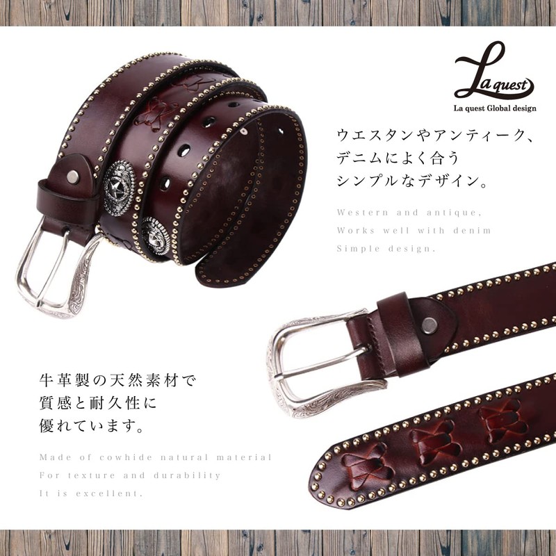 Laquest Western Men's Belt, Cowhide Leather, Concho, Knitted, Casual, 3.