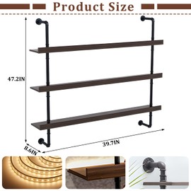 jvsufuik Large Solid Wood Wine Rack with Led Light, Bar Shelf Wall Mounted, 3-Tiers Floating Bar Shelves, Industrial Pipe Bar Shelf, for Home Bar, Dining Room & Kitchen (100cm/39.3in)