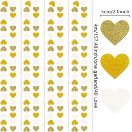 4 Packs 52FT Love Heart Garland Valentines Banner Engagement Decorations Streamer for Valentine's Day Anniversary Bachelorette Wedding Bridal Shower Birthday Father's Mother's Day Decorations (Gold)