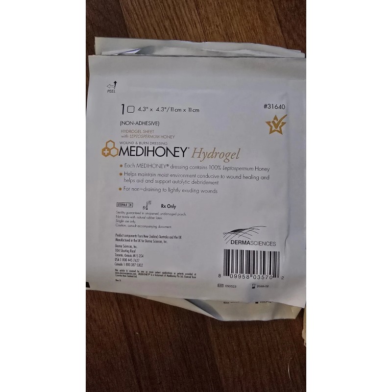 Medihoney Hydrogel Dressing 4.3"x4.3" Non-Adhesive, 1 Sheet Exp 12/2025