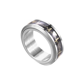 [PAURO] Men's Stainless Steel FidgetAnxiety Rotatable Inlay Carbon Fiber Heartbeat Rings for Party Wedding, Metal