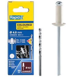 Rapid Blind Rivets Aluminium White Diameter 4 mm 5-7 mm Clamping Range 50 Pieces Set Including Drill for Blind Rivet Pliers