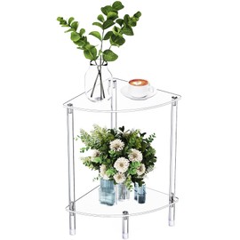 Bkemiy Clear Triangle Acrylic Side Table for Small Space, 11.81" L x 11.81" W x 19.82" H, 2-Tier Corner Shelf Stand End Table for Living Room Bedroom, Corner Display Rack Storage Shelf for Bathroom