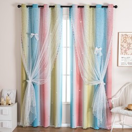 Verycurtain 2-in-1 Double-Layer Kids & Girls Unicorn Princess Ombre Blackout Curtains with Foil Print Sheer, 2 Panels Set for Bedroom, Nursery, Living Room - Yellow Blue Pink, 52W x 45L