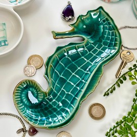 Teal Seahorse Plate Ceramic Blue Seaside Nautical Jewellery Trinket Dish Decor
