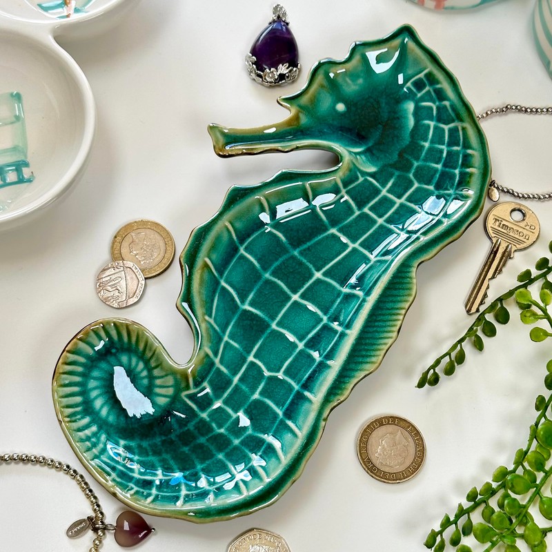 Teal Seahorse Plate Ceramic Blue Seaside Nautical Jewellery Trinket Dish