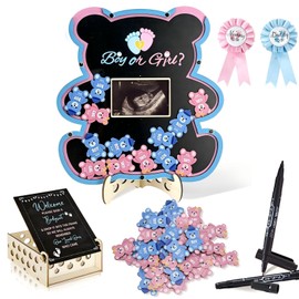 tmlfep Bear Gender Reveal Guest Book Alternative Set, He or She Voting Board with Photo Frame, 60 Wooden Bear Tokens Keepsake Sign, Gender Reveal Party Decorations for Baby Shower