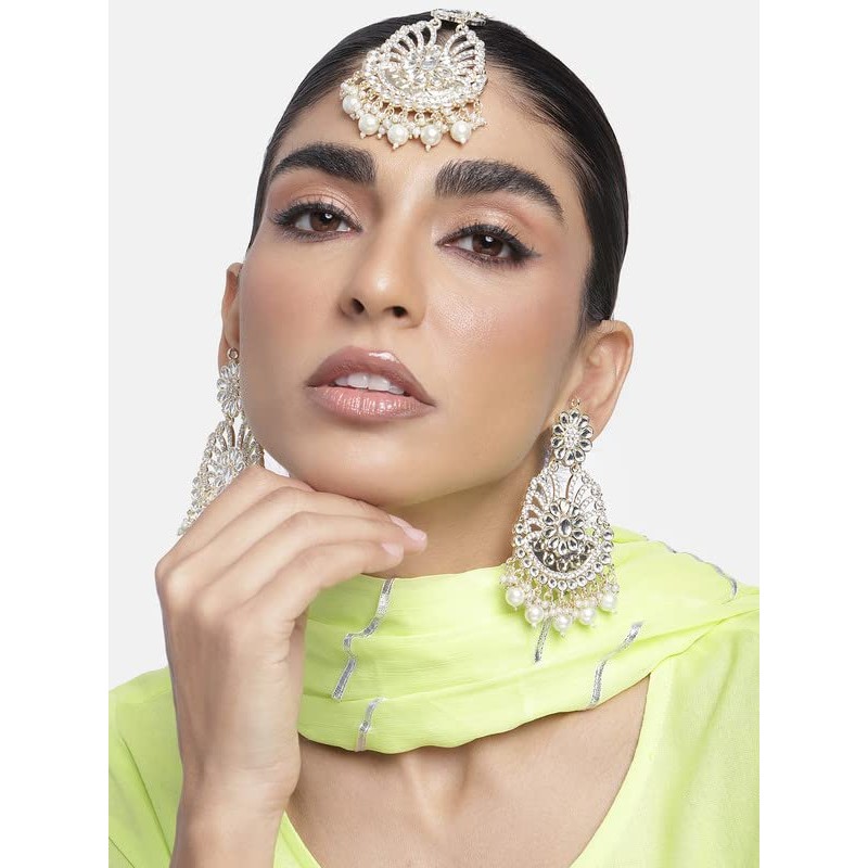 Aheli Gold Plated Kundan Pearl Studded Dangle Earrings and Maang