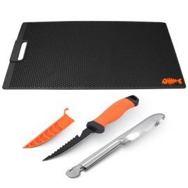 AFEISOL 28 Inch Non Slip Fish Fillet Mat Kit Heavy Duty Rollable Fish Bait Cutting Board Large Size Fish Cleaning Mat with 5 inch Fillet Knife and Fish Scaler Portable Fish Filleting Mat