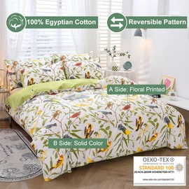 URBONUR 100% Cotton Percale Duvet Cover Set Queen Size 3 PCS Soft Breathable Botanical Bedding Set Green Leaves and Birds Printed on White Duvet Cover, Corner Ties Button Closure