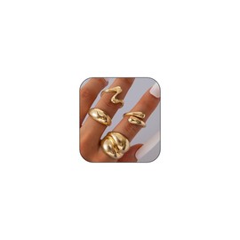 3/4/5/8 Pcs Chunky Gold Rings for Women,Trendy Exaggerated Geometric Finger Ring Adjustable Stackable Braded Waterdrop Ball Open Rings Set Fashion Minimalist Statement Rings Jewelry (Gold B)