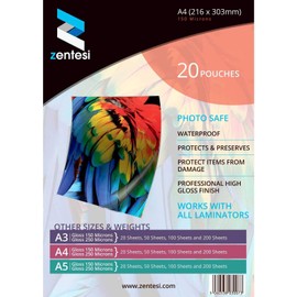 Zentesi A4 Laminating Pouches High Gloss Laminator Sleeves 150 Micron (75 + 75 Microns) Glossy Laminate Pouch Sheets - Pack of 20