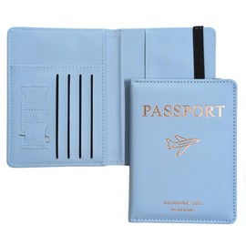 MANJIAMEI Airplane Passport Holder, Universal Passport Cover with Card Slot & Elastic Strap for Women Men, PU Leather Travel Wallet Organiser for Passport Tickets Credit Cards Boarding Passes (Blue)
