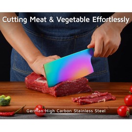 WELLSTAR Rainbow Meat Cleaver, 7 inch Iridescent Chinese Meat Vegetable Butcher Knife, Super Sharp German High Carbon Stainless Steel Chef’s Kitchen Knife with Ergonomic Handle for Home Restaurant
