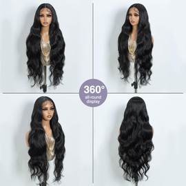 NOBLE Long Black Wave Wig Synthetic Lace Front Wig for Women 34 Inches Middle Part Lace Heat Resistant Fiber Body Wave Wig with Baby Hair.