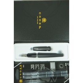 Cross Calais Satin Black, polished Chrome Appointments and Cross signature mid Band Medium Point Fountain Pen in Large Pristine Corporate gift box