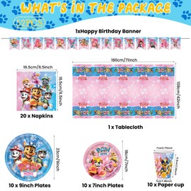 Wirhaut Pack of 52 Party Tableware Children's Birthday Party with Paw Paper Plates Children's Birthday Dog Birthday Decoration Party Supplies for 10 Children Party Tableware Birthday