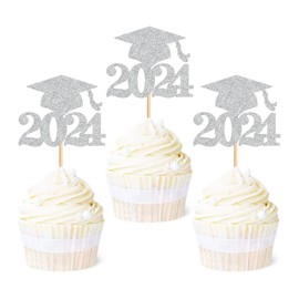 Ercadio Paquete de 36 tapas de graduación 2021 para cupcakes con purpurina plateada clase de 2021 para decoración de tartas de graduación 2021