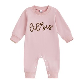 XIXIMAON Baby Girl Fall Outfits Little Sis Jumpsuit Long Sleeve Crew Neck Heart Letter Embroidery Romper Bodysuit Little Sis Newborn Clothes (Pink, 3-6 Months)