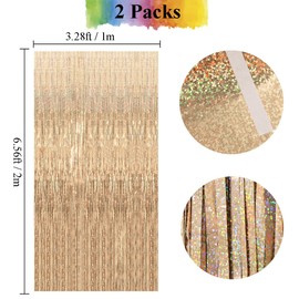 2Pcs Champagne Laser Fringe Curtain- HADEEONG 3.28ft x 6.56ft Foil Fringe Curtain Party Streamers Tinsel Backdrop Door Curtains Photo Backdrop for Wedding Birthday Bridal Baby Shower Party Decorations