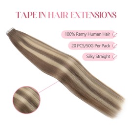 Sixstarhair Balayage Tape in Hair Extensions Real Human Hair Extensions Ash Brown to Blonde Mixed with Light Blonde Hair Extensions Tape in Hair Extensions Remy Human Hair 20pcs 50g [TP8/22/8 20inch]