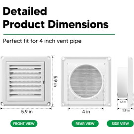 Funmit 4" Louvered Vent Cover Stops Birds Nesting for Outside Dryer Exhaust Air Vent Cover with 4 Screws for Easy Installation (White)