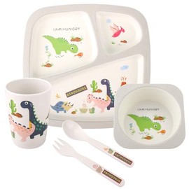 Kids Tableware Set 5 Pcs, Feeding Dinnerware Set for Toddlers Includes Plate Bowl Cup Fork and Spoon Utensil Flatware, Kids Feeding Set Dishwasher Safe, BPA Free (Dinosaurs)