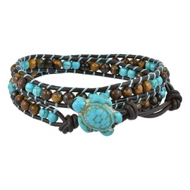 AeraVida Sea Turtle Double Wrap Bracelet with Tiger’s Eye and Simulated Turquoise Beads | Handcrafted Leather Bracelet with Turtle Toggle | Boho Nature-Inspired Jewelry