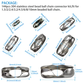 144Pcs 304 Stainless Steel Bead Ball Chain Connector Kit,Roman Vertical Blind Ball Chain Cord Connector Clips,Beaded Ball Chain,8 Models,Fits for 1.5/2/2.4/3.2/4.5/6/8/10mm Beaded Ball Chain