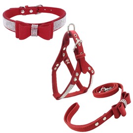 Newtensina Bowtie Dog Collar & Harness & Lead Sets Comfortable Soft Puppy Collar Diamante with Harness and Leashes Set for Dog - Red - S