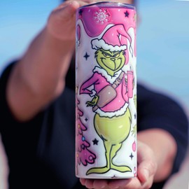 3D Inflated Pink Christmas 20 Oz Skinny Tumbler with straw and nonslip base, Santa Claus tumbler, Pink Bougie Tumbler, Christmas 20oz Tumbler, Christmas Movies tumbler, Christmas Gift for her