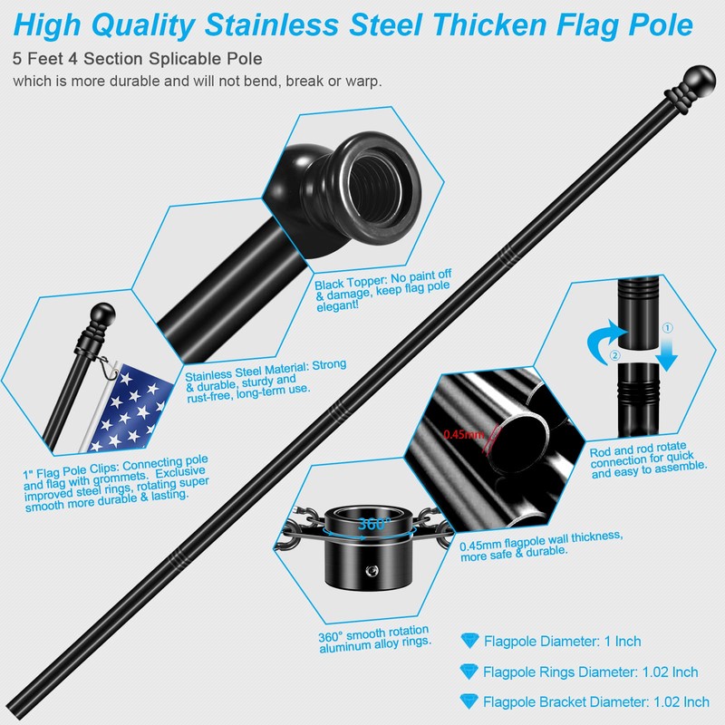 5 FT House Flag Pole Kit, 1" Spinning Thicken Stainless