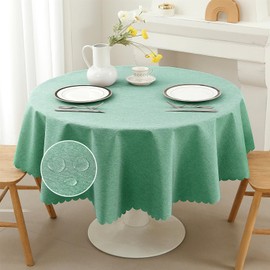 Rectangular Table Cloth Waterproof Wipe Clean Tablecloth, Oil-proof Linen Wipeable Tablecloths, Fashion Solid Color Round Lace Table Cover for Kitchen Party Round 140cm(55in) Lake Green